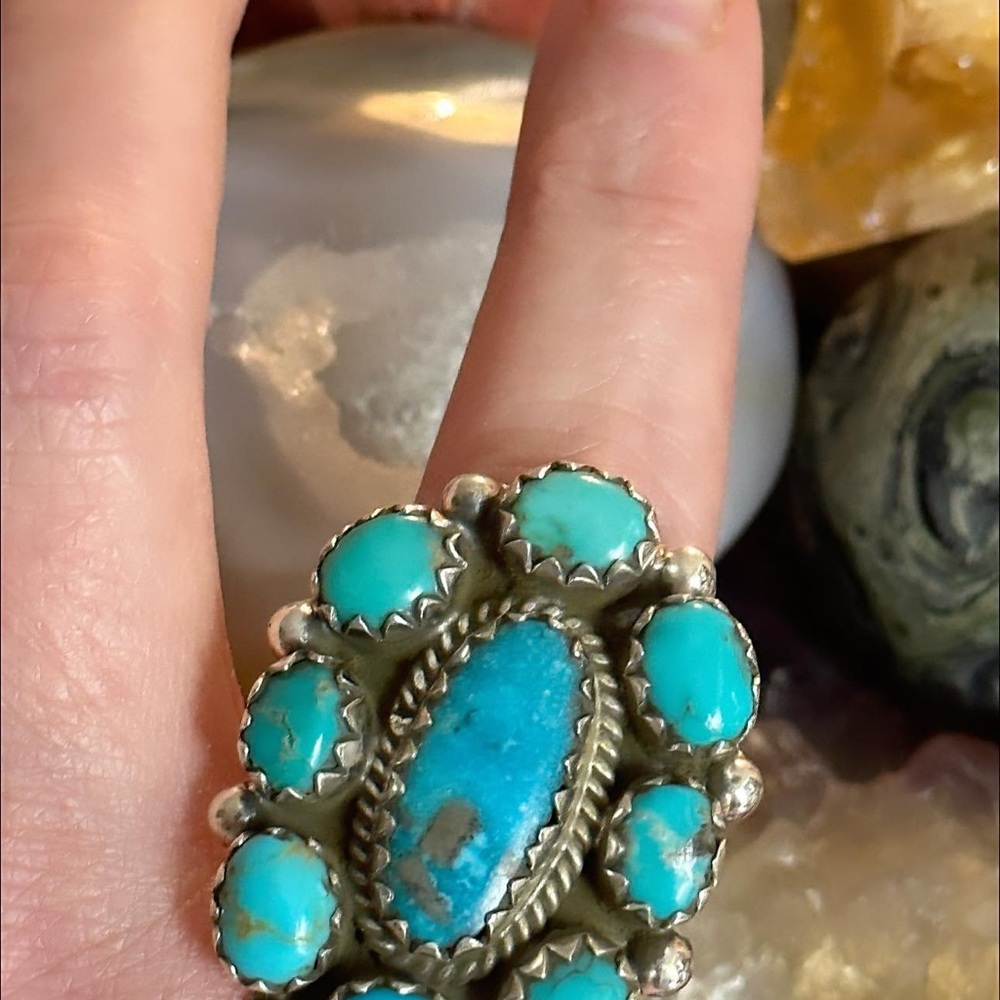 Turquoise Flower Cluster Statement Sterling Silve… - image 3